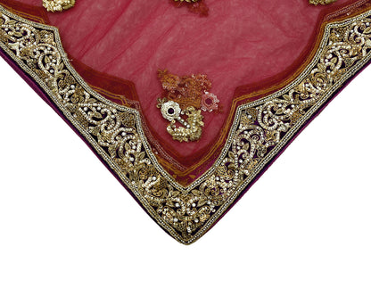 Indian Vintage Heavy Wedding Pink Net/Mesh/ Velvet Hand Embroidered Dupatta Designer By Anamika Khanna Bridal Wear Dabka Zardozi Veil Hijab