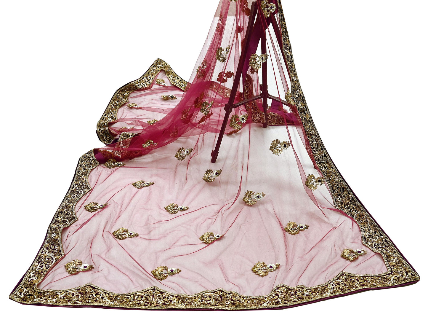 Indian Vintage Heavy Wedding Pink Net/Mesh/ Velvet Hand Embroidered Dupatta Designer By Anamika Khanna Bridal Wear Dabka Zardozi Veil Hijab