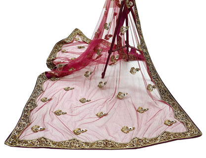 Indian Vintage Heavy Wedding Pink Net/Mesh/ Velvet Hand Embroidered Dupatta Designer By Anamika Khanna Bridal Wear Dabka Zardozi Veil Hijab