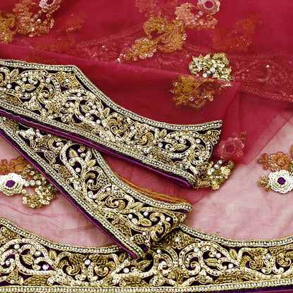 Indian Vintage Heavy Wedding Pink Net/Mesh/ Velvet Hand Embroidered Dupatta Designer By Anamika Khanna Bridal Wear Dabka Zardozi Veil Hijab