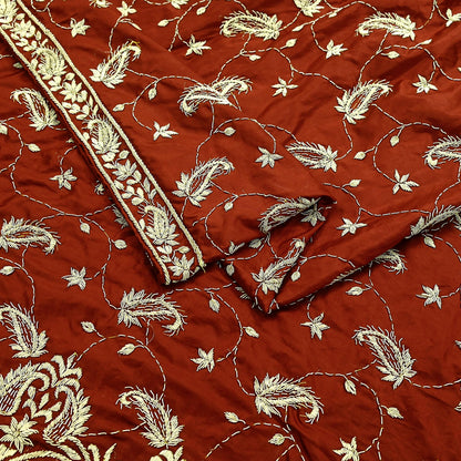 Indian Vintage Heavy Wedding Rusty Orange Dupatta Pure Satin Silk Long Stole Hand Embroidered Scarves Golden Zardozi Stole