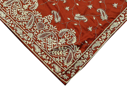 Indian Vintage Heavy Wedding Rusty Orange Dupatta Pure Satin Silk Long Stole Hand Embroidered Scarves Golden Zardozi Stole
