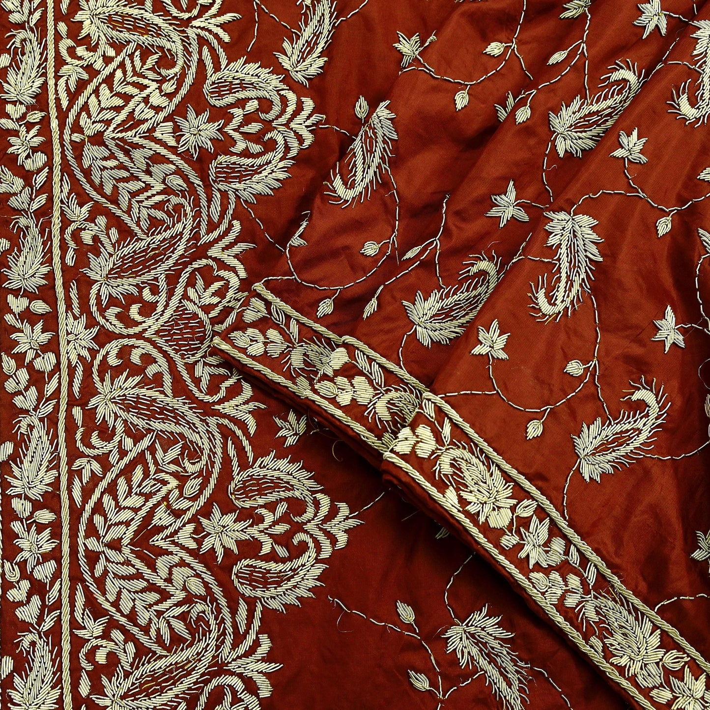 Indian Vintage Heavy Wedding Rusty Orange Dupatta Pure Satin Silk Long Stole Hand Embroidered Scarves Golden Zardozi Stole