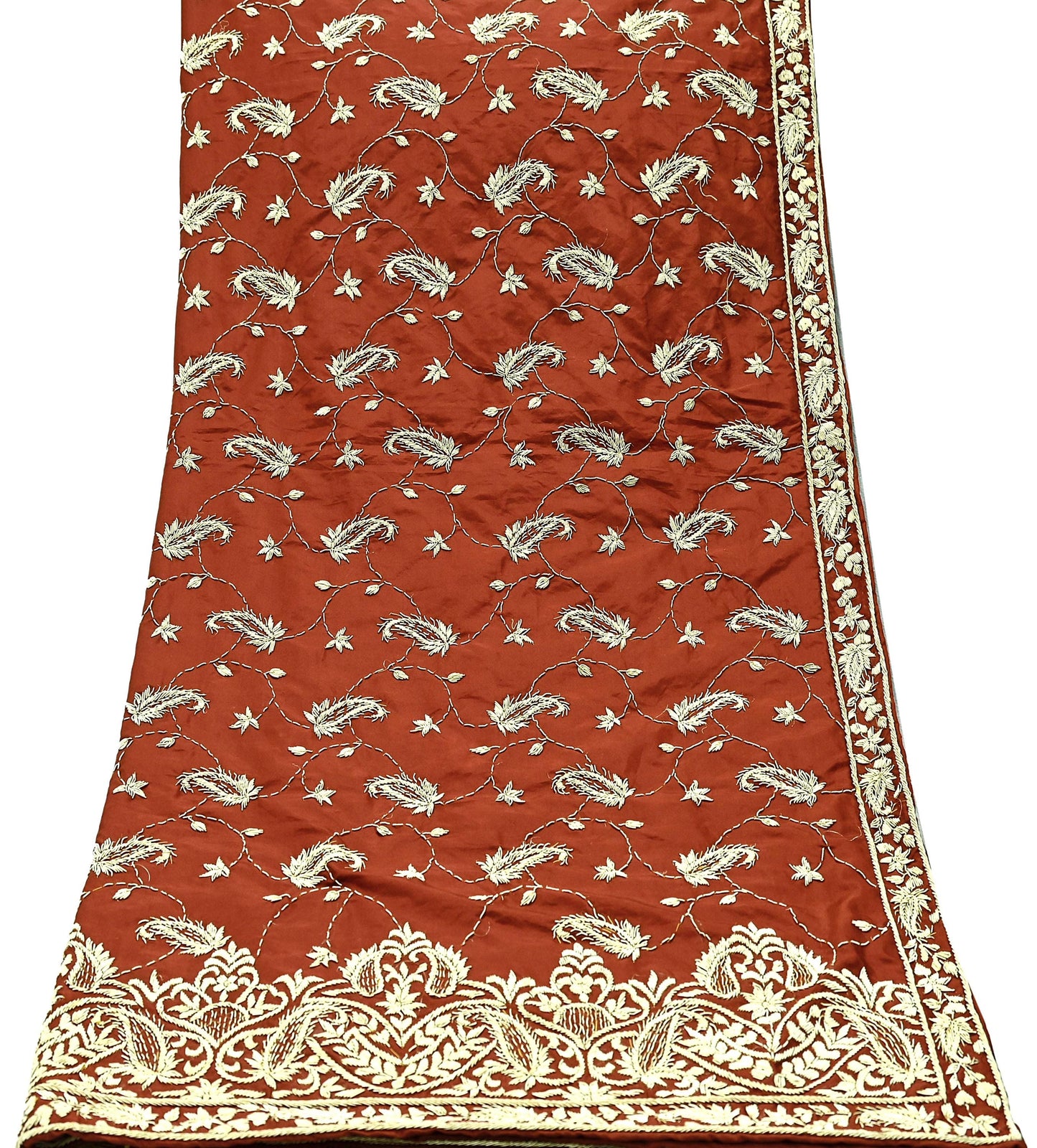 Indian Vintage Heavy Wedding Rusty Orange Dupatta Pure Satin Silk Long Stole Hand Embroidered Scarves Golden Zardozi Stole
