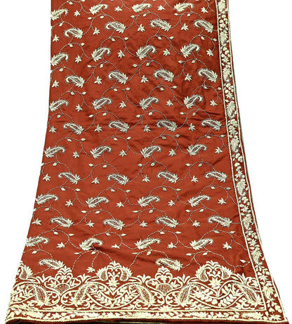 Indian Vintage Heavy Wedding Rusty Orange Dupatta Pure Satin Silk Long Stole Hand Embroidered Scarves Golden Zardozi Stole