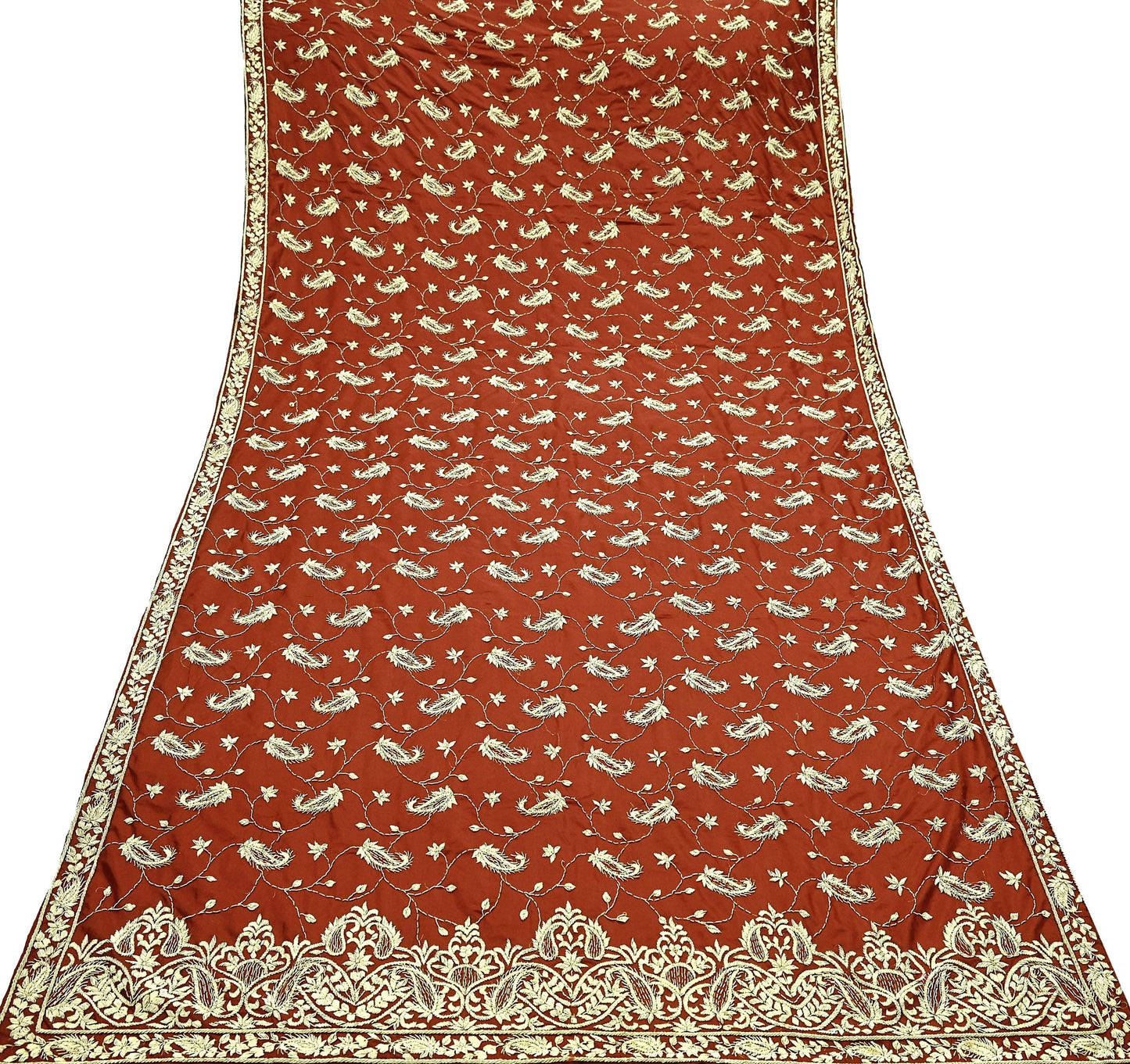 Indian Vintage Heavy Wedding Rusty Orange Dupatta Pure Satin Silk Long Stole Hand Embroidered Scarves Golden Zardozi Stole