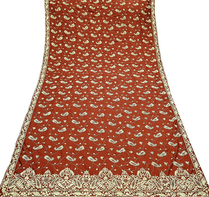 Indian Vintage Heavy Wedding Rusty Orange Dupatta Pure Satin Silk Long Stole Hand Embroidered Scarves Golden Zardozi Stole