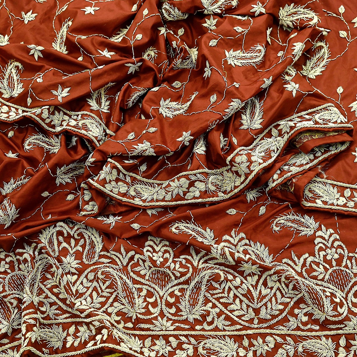 Indian Vintage Heavy Wedding Rusty Orange Dupatta Pure Satin Silk Long Stole Hand Embroidered Scarves Golden Zardozi Stole