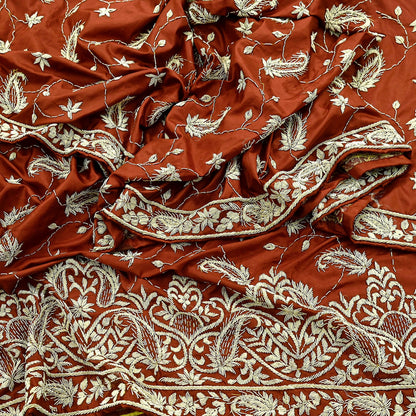 Indian Vintage Heavy Wedding Rusty Orange Dupatta Pure Satin Silk Long Stole Hand Embroidered Scarves Golden Zardozi Stole