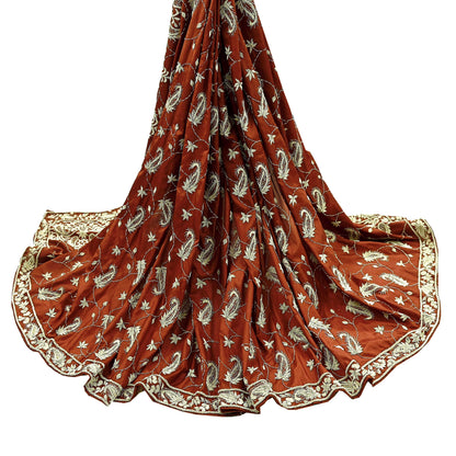 Indian Vintage Heavy Wedding Rusty Orange Dupatta Pure Satin Silk Long Stole Hand Embroidered Scarves Golden Zardozi Stole
