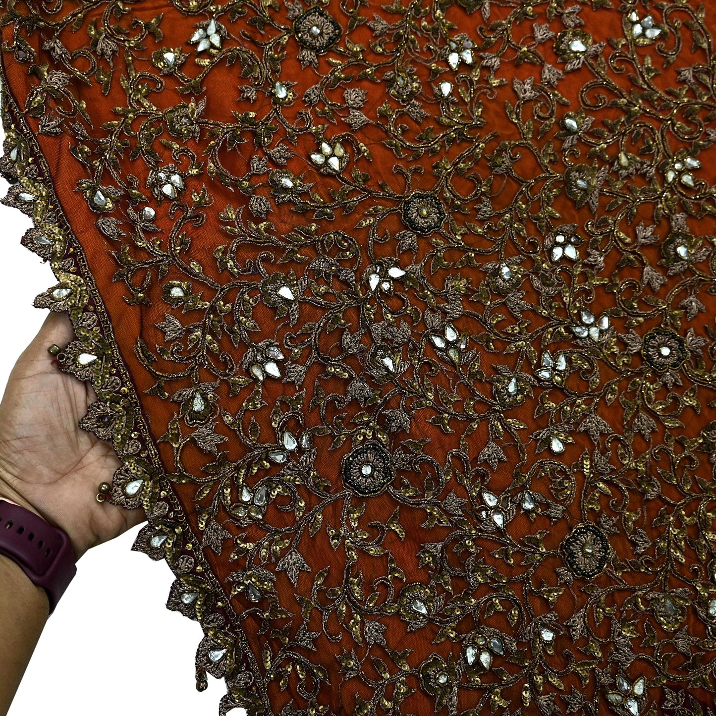 Indian Vintage Heavy Orange & maroon Dupatta Hand Embroidered Net Tissue Mesh Zardozi, Dabka, Zari, Sequins, Kundan Work Bridal Stole