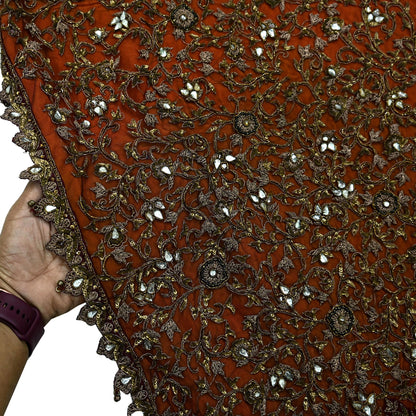 Indian Vintage Heavy Orange & maroon Dupatta Hand Embroidered Net Tissue Mesh Zardozi, Dabka, Zari, Sequins, Kundan Work Bridal Stole