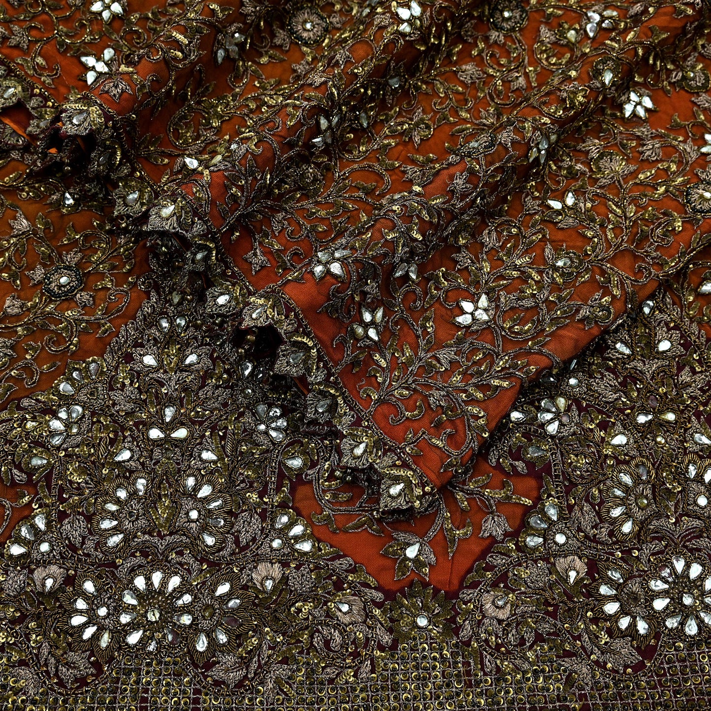 Indian Vintage Heavy Orange & maroon Dupatta Hand Embroidered Net Tissue Mesh Zardozi, Dabka, Zari, Sequins, Kundan Work Bridal Stole