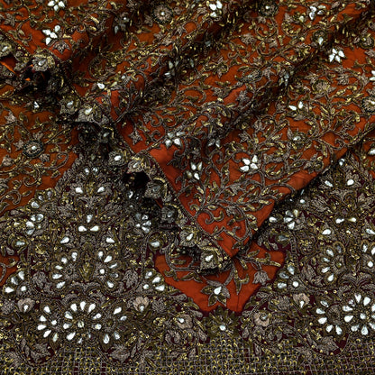 Indian Vintage Heavy Orange & maroon Dupatta Hand Embroidered Net Tissue Mesh Zardozi, Dabka, Zari, Sequins, Kundan Work Bridal Stole