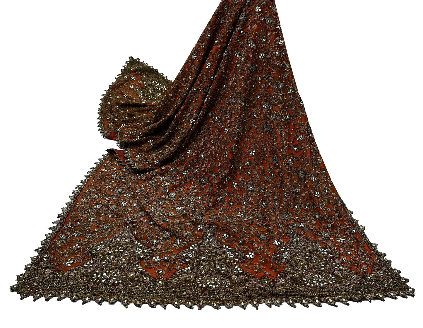 Indian Vintage Heavy Orange & maroon Dupatta Hand Embroidered Net Tissue Mesh Zardozi, Dabka, Zari, Sequins, Kundan Work Bridal Stole