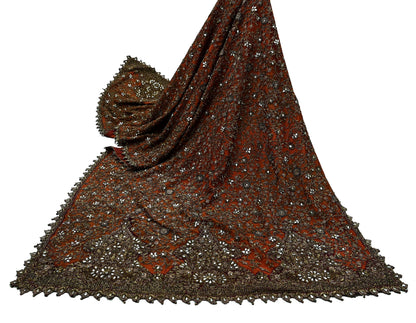 Indian Vintage Heavy Orange & maroon Dupatta Hand Embroidered Net Tissue Mesh Zardozi, Dabka, Zari, Sequins, Kundan Work Bridal Stole