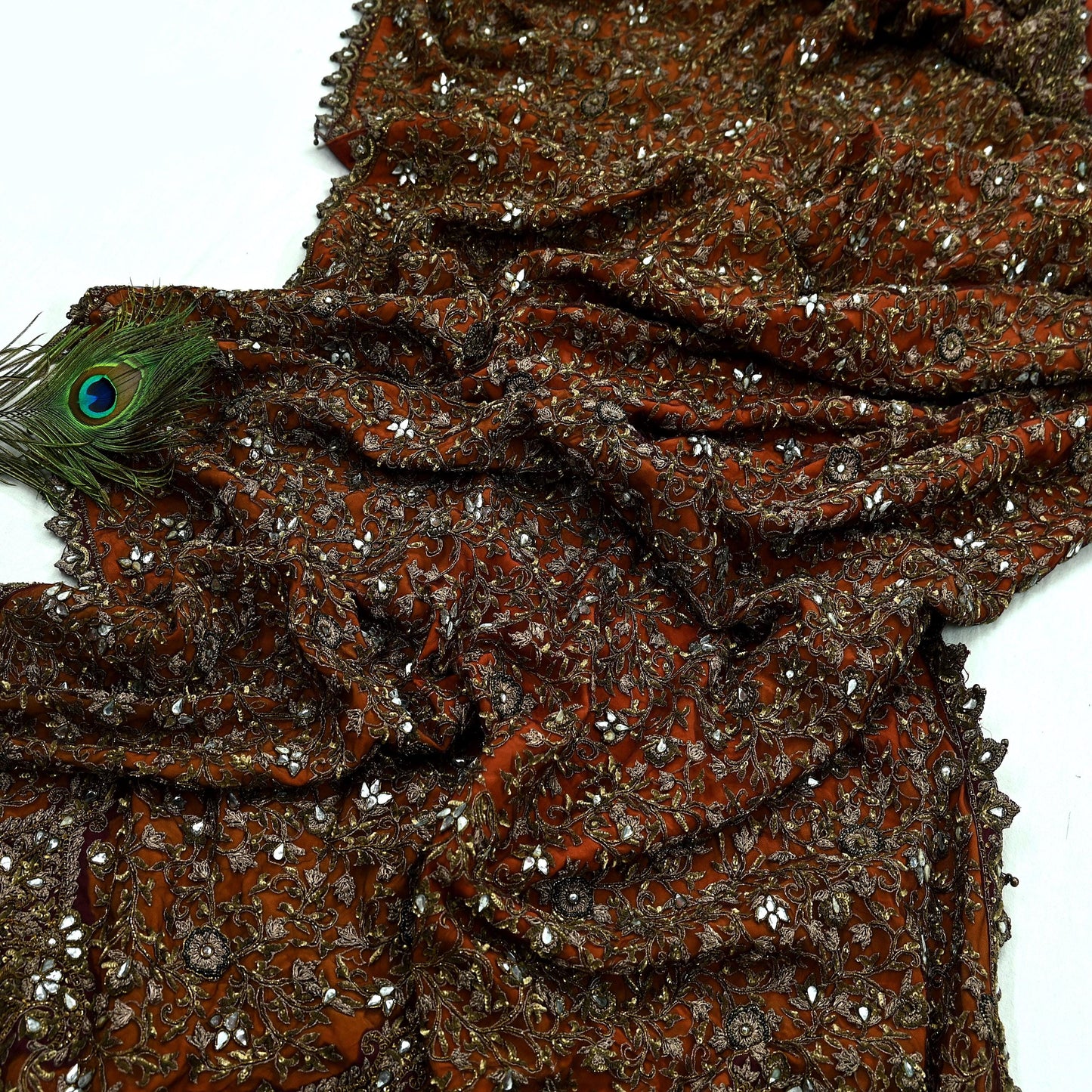 Indian Vintage Heavy Orange & maroon Dupatta Hand Embroidered Net Tissue Mesh Zardozi, Dabka, Zari, Sequins, Kundan Work Bridal Stole