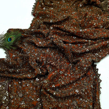Indian Vintage Heavy Orange & maroon Dupatta Hand Embroidered Net Tissue Mesh Zardozi, Dabka, Zari, Sequins, Kundan Work Bridal Stole