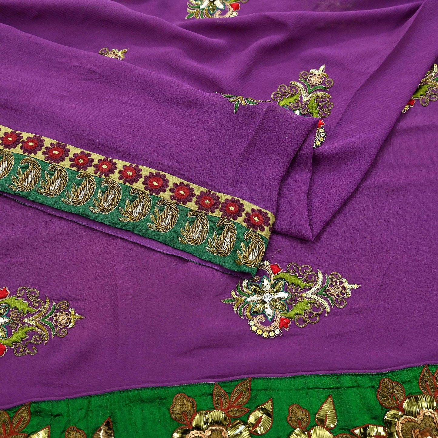 Indian Vintage Heavy Sari Purple Pure Georgette Silk Hand Embroidered Sarees Craft Fabric 5Yd Sewing Ethnic Bollywood saree Zardozi Mukesh