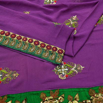 Indian Vintage Heavy Sari Purple Pure Georgette Silk Hand Embroidered Sarees Craft Fabric 5Yd Sewing Ethnic Bollywood saree Zardozi Mukesh