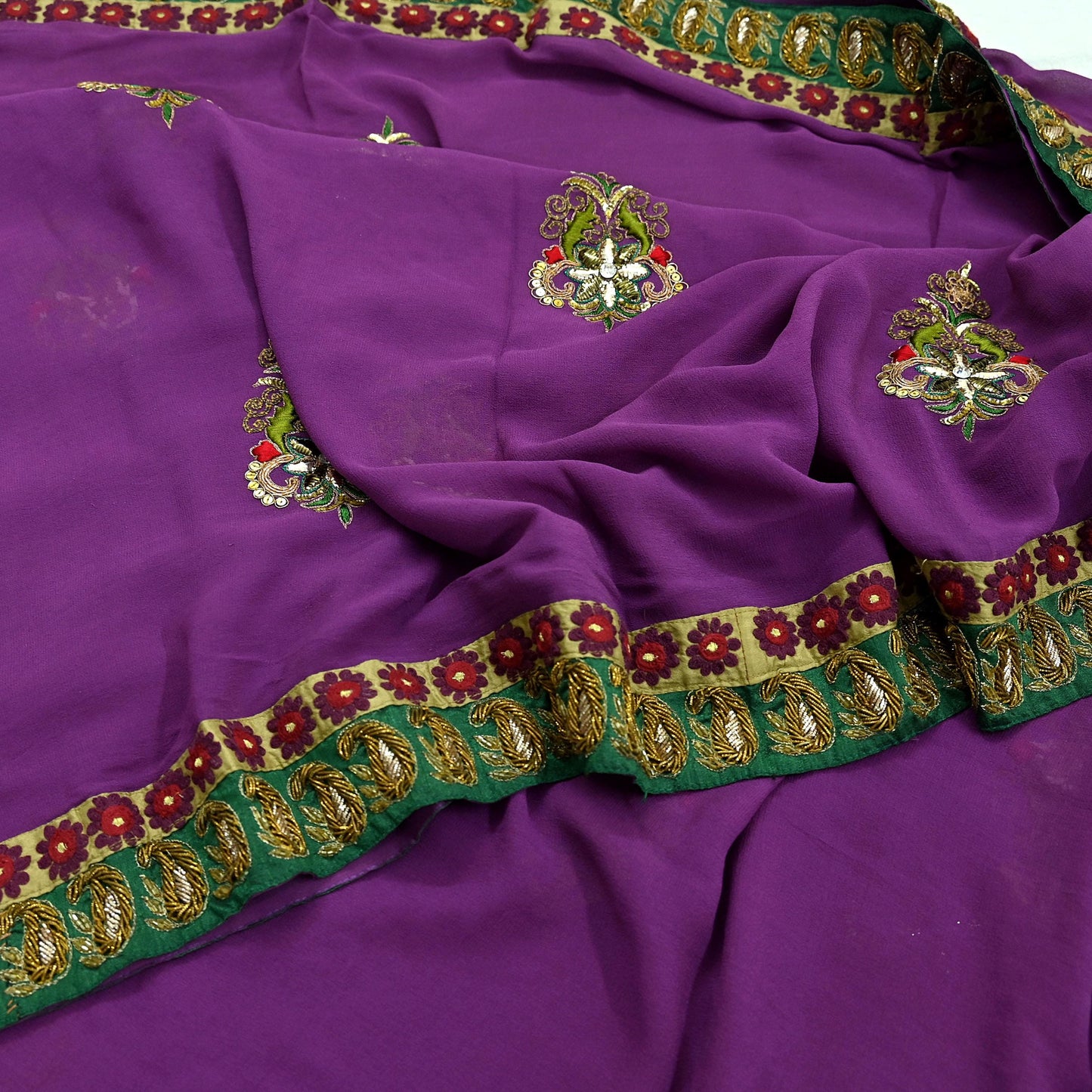Indian Vintage Heavy Sari Purple Pure Georgette Silk Hand Embroidered Sarees Craft Fabric 5Yd Sewing Ethnic Bollywood saree Zardozi Mukesh