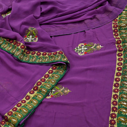Indian Vintage Heavy Sari Purple Pure Georgette Silk Hand Embroidered Sarees Craft Fabric 5Yd Sewing Ethnic Bollywood saree Zardozi Mukesh
