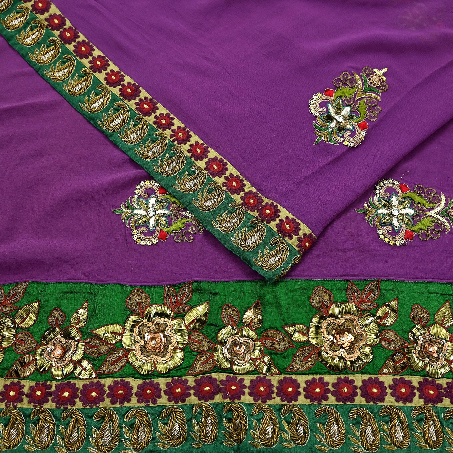 Indian Vintage Heavy Sari Purple Pure Georgette Silk Hand Embroidered Sarees Craft Fabric 5Yd Sewing Ethnic Bollywood saree Zardozi Mukesh