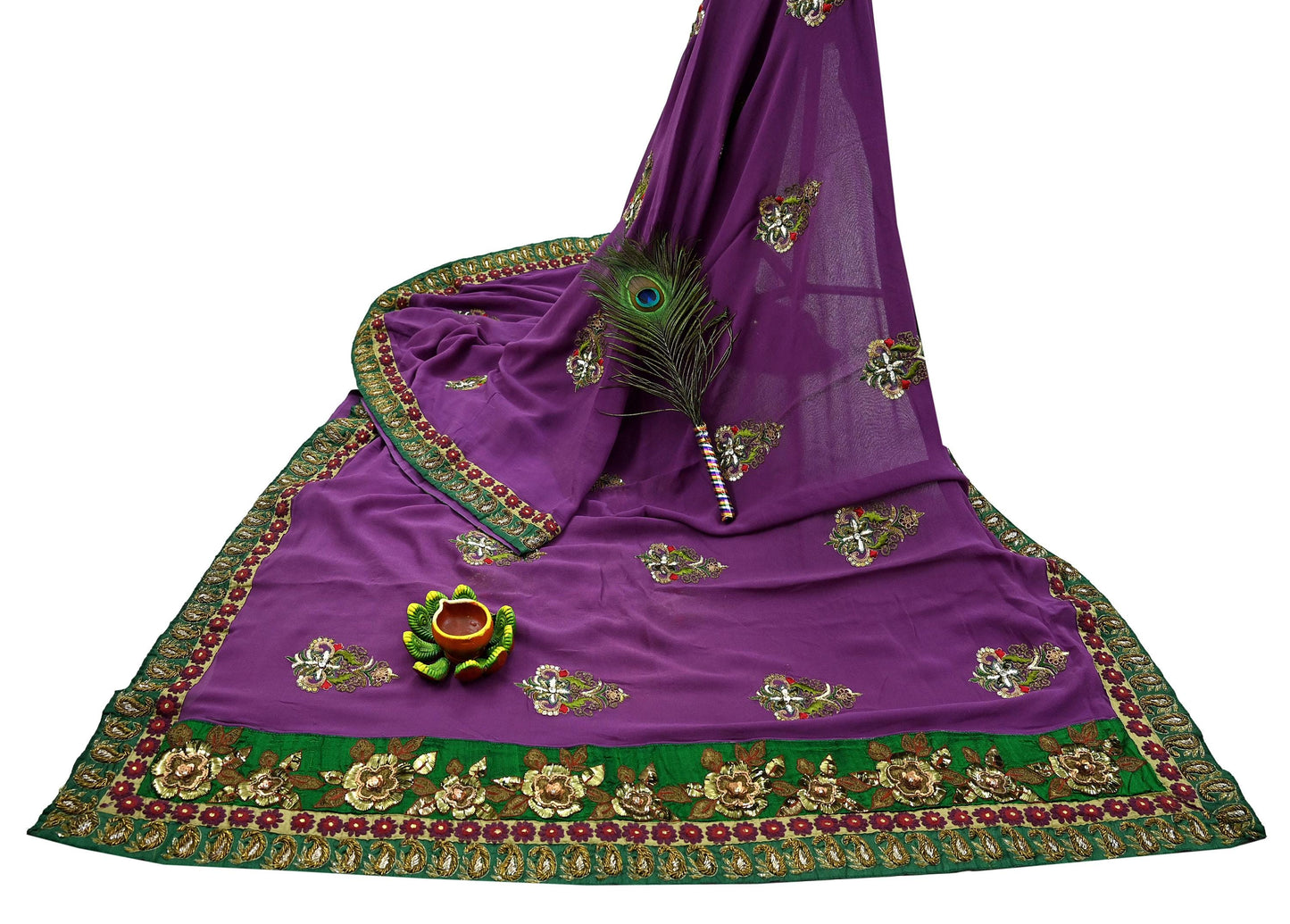 Indian Vintage Heavy Sari Purple Pure Georgette Silk Hand Embroidered Sarees Craft Fabric 5Yd Sewing Ethnic Bollywood saree Zardozi Mukesh