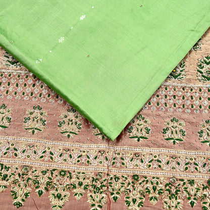 Indian Vintage Saree Heavy Hand Embroidered Pure Silk Green & Brown Bridal Fabric 5 Yards Dress Making Bollywood Sarees