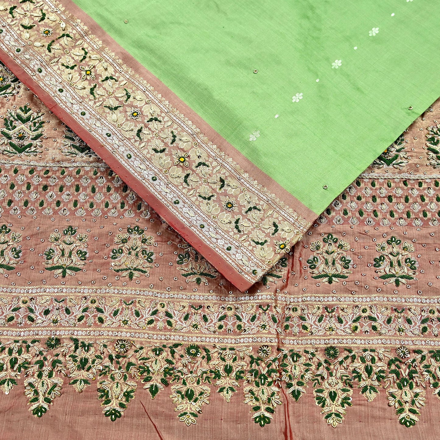 Indian Vintage Saree Heavy Hand Embroidered Pure Silk Green & Brown Bridal Fabric 5 Yards Dress Making Bollywood Sarees