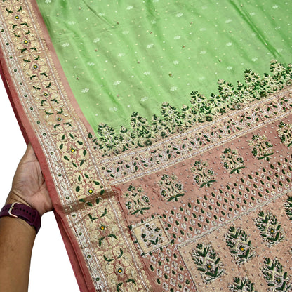 Indian Vintage Saree Heavy Hand Embroidered Pure Silk Green & Brown Bridal Fabric 5 Yards Dress Making Bollywood Sarees