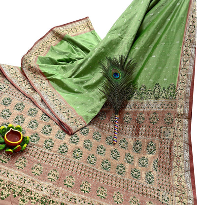 Indian Vintage Saree Heavy Hand Embroidered Pure Silk Green & Brown Bridal Fabric 5 Yards Dress Making Bollywood Sarees