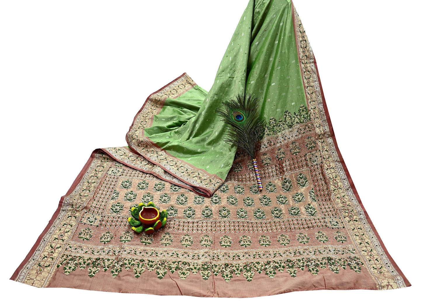 Indian Vintage Saree Heavy Hand Embroidered Pure Silk Green & Brown Bridal Fabric 5 Yards Dress Making Bollywood Sarees