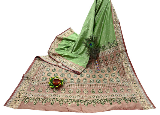 Indian Vintage Saree Heavy Hand Embroidered Pure Silk Green & Brown Bridal Fabric 5 Yards Dress Making Bollywood Sarees