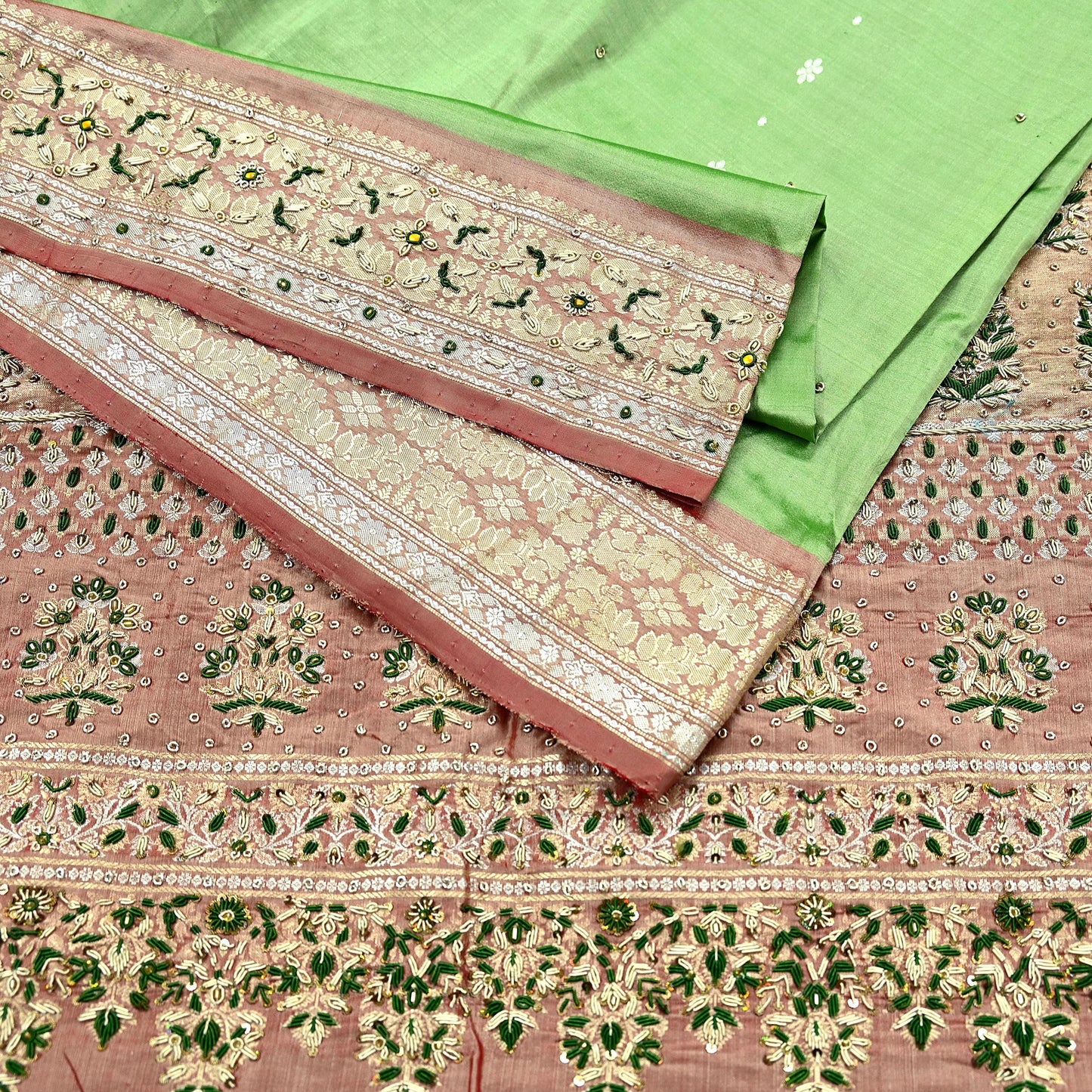 Indian Vintage Saree Heavy Hand Embroidered Pure Silk Green & Brown Bridal Fabric 5 Yards Dress Making Bollywood Sarees