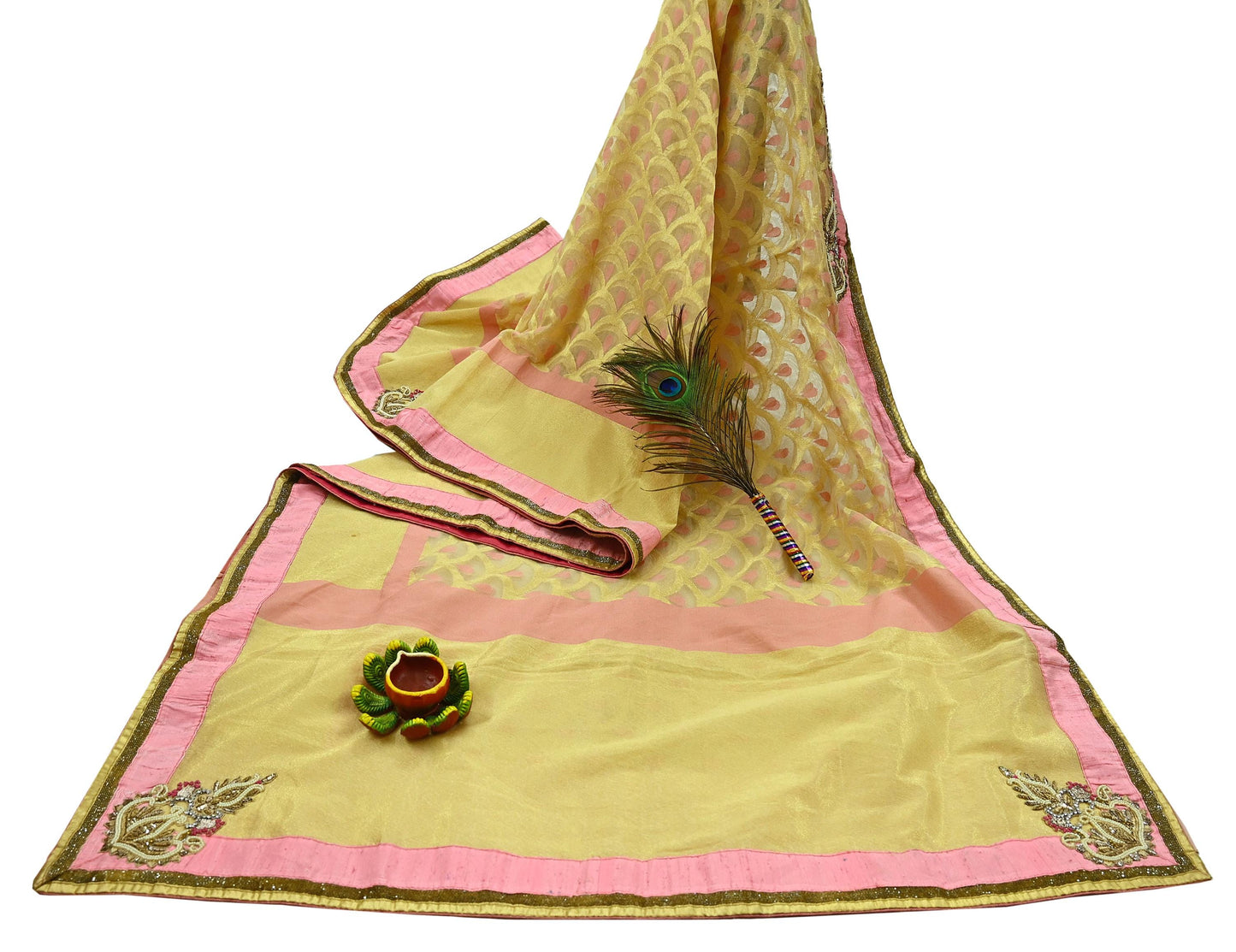 Indian Vintage Golden & Pink Sarees Hand Embroidered Woven Brocade Sari Fabric 6Yd Sewing Ethnic Zardozi Zari Floral Dress making