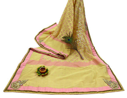 Indian Vintage Golden & Pink Sarees Hand Embroidered Woven Brocade Sari Fabric 6Yd Sewing Ethnic Zardozi Zari Floral Dress making