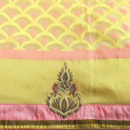 Indian Vintage Golden & Pink Sarees Hand Embroidered Woven Brocade Sari Fabric 6Yd Sewing Ethnic Zardozi Zari Floral Dress making