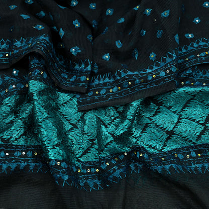 Indian Vintage Dupatta Black Long Stole Hand Embroidered Bagh Phulkari Stole Scarves Fringes Party wear