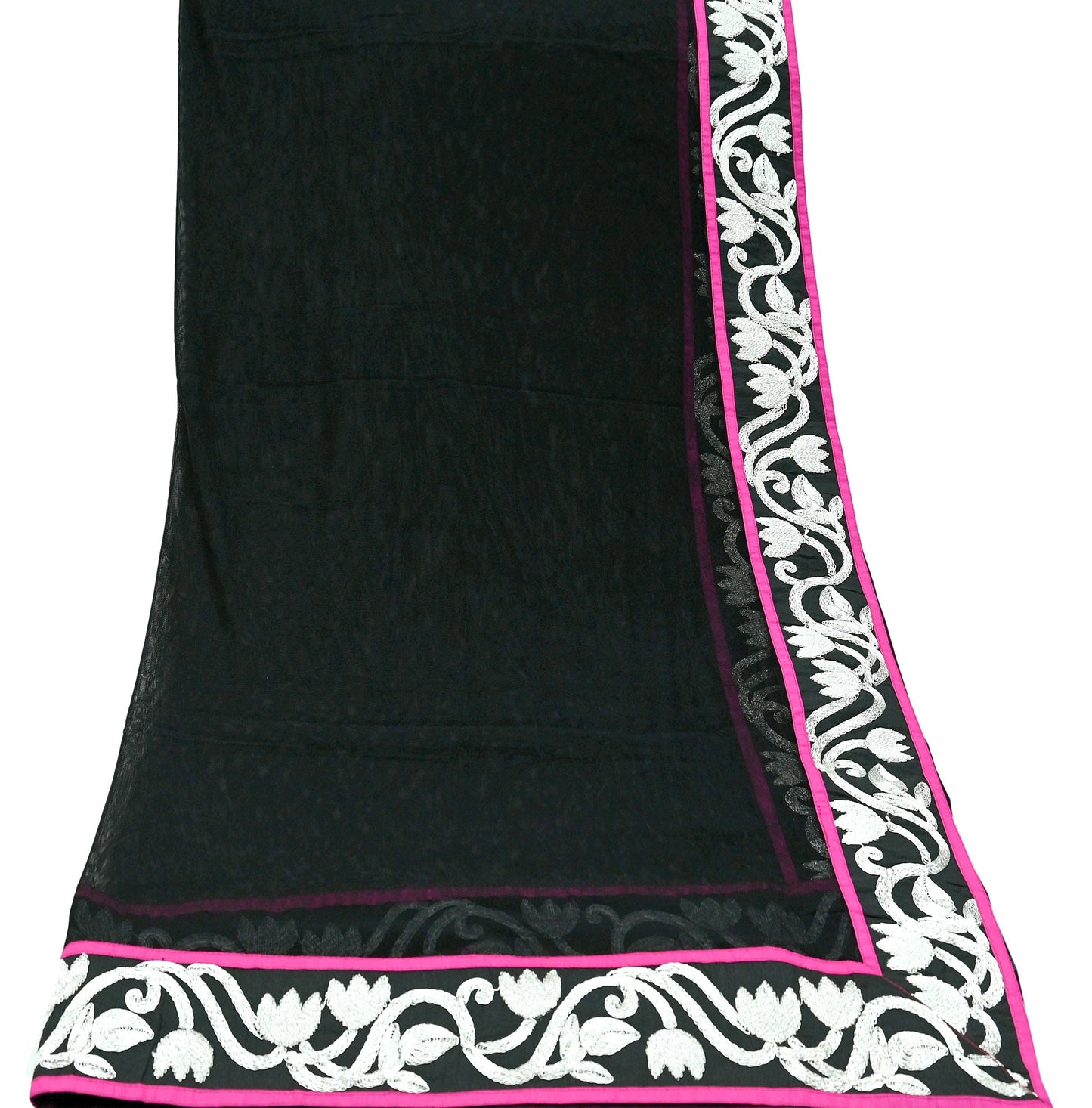 Indian Vintage Black Dupatta Net Mesh Long Stole Hand Embroidered Scarves Zari Border