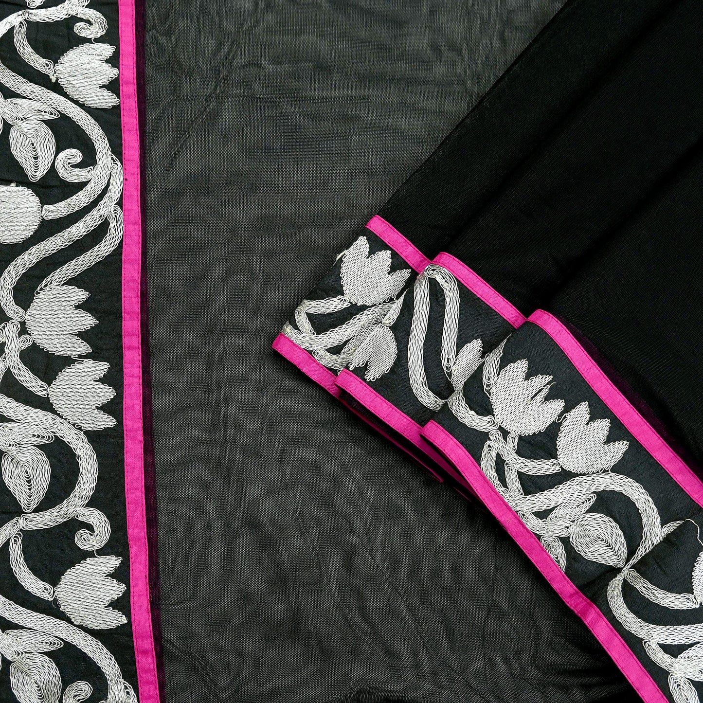 Indian Vintage Black Dupatta Net Mesh Long Stole Hand Embroidered Scarves Zari Border