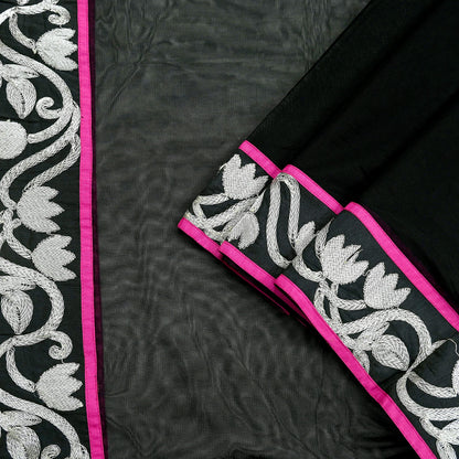 Indian Vintage Black Dupatta Net Mesh Long Stole Hand Embroidered Scarves Zari Border