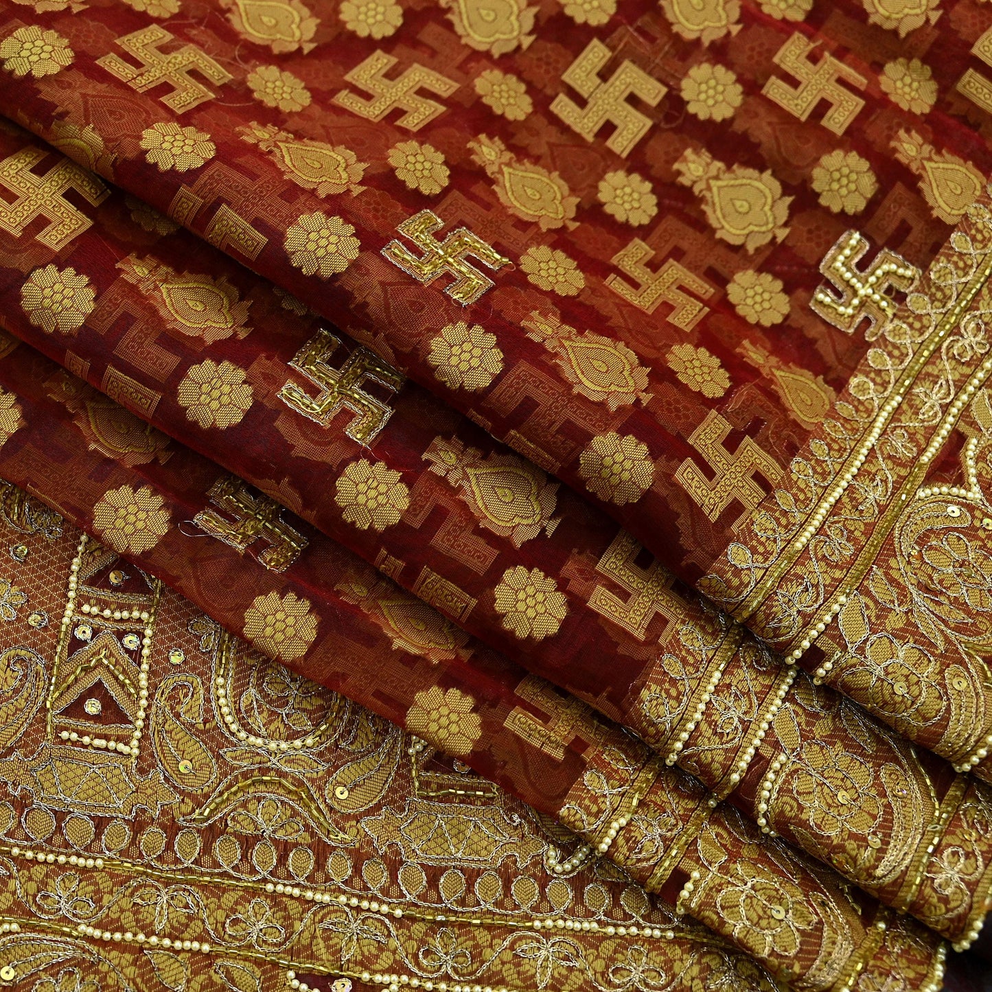 Indian Vintage Sari Maroon Hand Embroidered Saree Pure Organza Silk Craft Fabric 5Yd Ethnic Dress Making Crafting Quilting