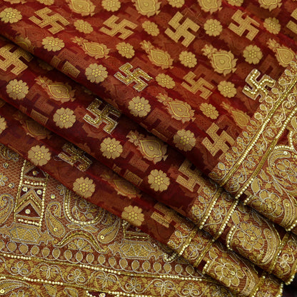 Indian Vintage Sari Maroon Hand Embroidered Saree Pure Organza Silk Craft Fabric 5Yd Ethnic Dress Making Crafting Quilting