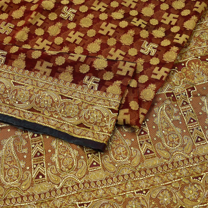 Indian Vintage Sari Maroon Hand Embroidered Saree Pure Organza Silk Craft Fabric 5Yd Ethnic Dress Making Crafting Quilting