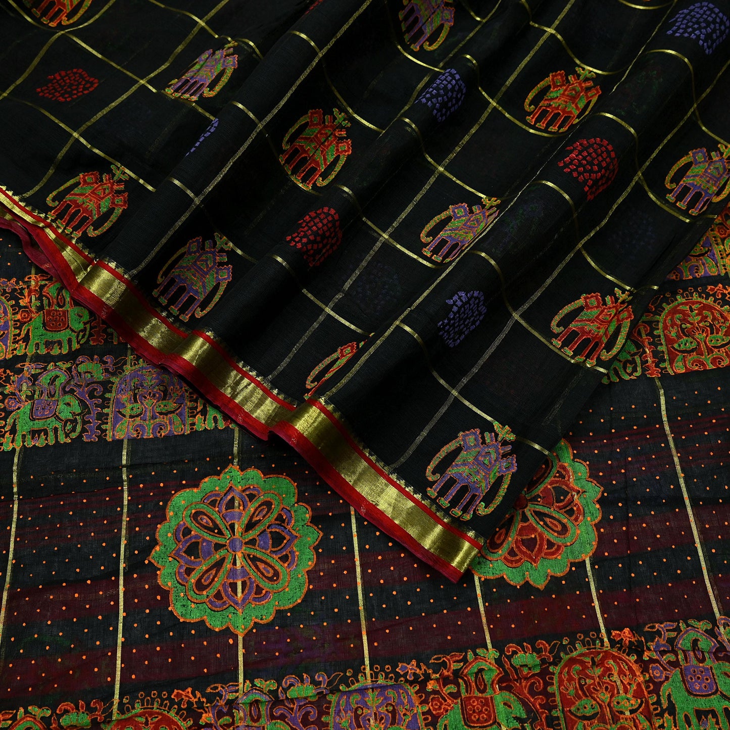 Indian Vintage Sari Black Hand Woven Painted Sarees Pure Cotton Craft Fabric 5Yd Floral Soft Dress Making Zari Border Crafting Quilting