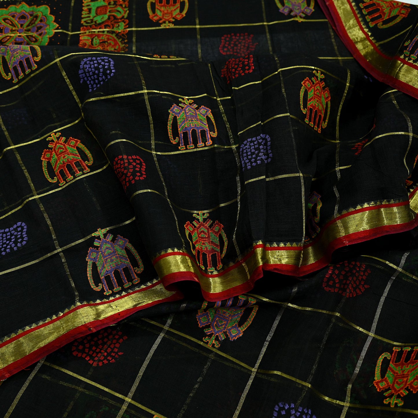 Indian Vintage Sari Black Hand Woven Painted Sarees Pure Cotton Craft Fabric 5Yd Floral Soft Dress Making Zari Border Crafting Quilting