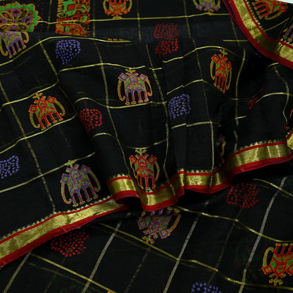 Indian Vintage Sari Black Hand Woven Painted Sarees Pure Cotton Craft Fabric 5Yd Floral Soft Dress Making Zari Border Crafting Quilting