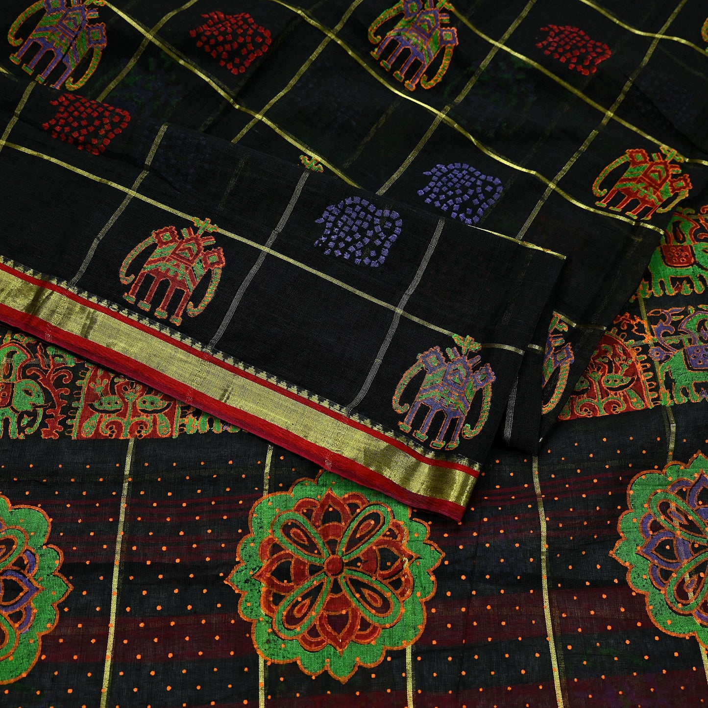 Indian Vintage Sari Black Hand Woven Painted Sarees Pure Cotton Craft Fabric 5Yd Floral Soft Dress Making Zari Border Crafting Quilting