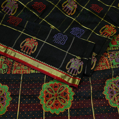 Indian Vintage Sari Black Hand Woven Painted Sarees Pure Cotton Craft Fabric 5Yd Floral Soft Dress Making Zari Border Crafting Quilting